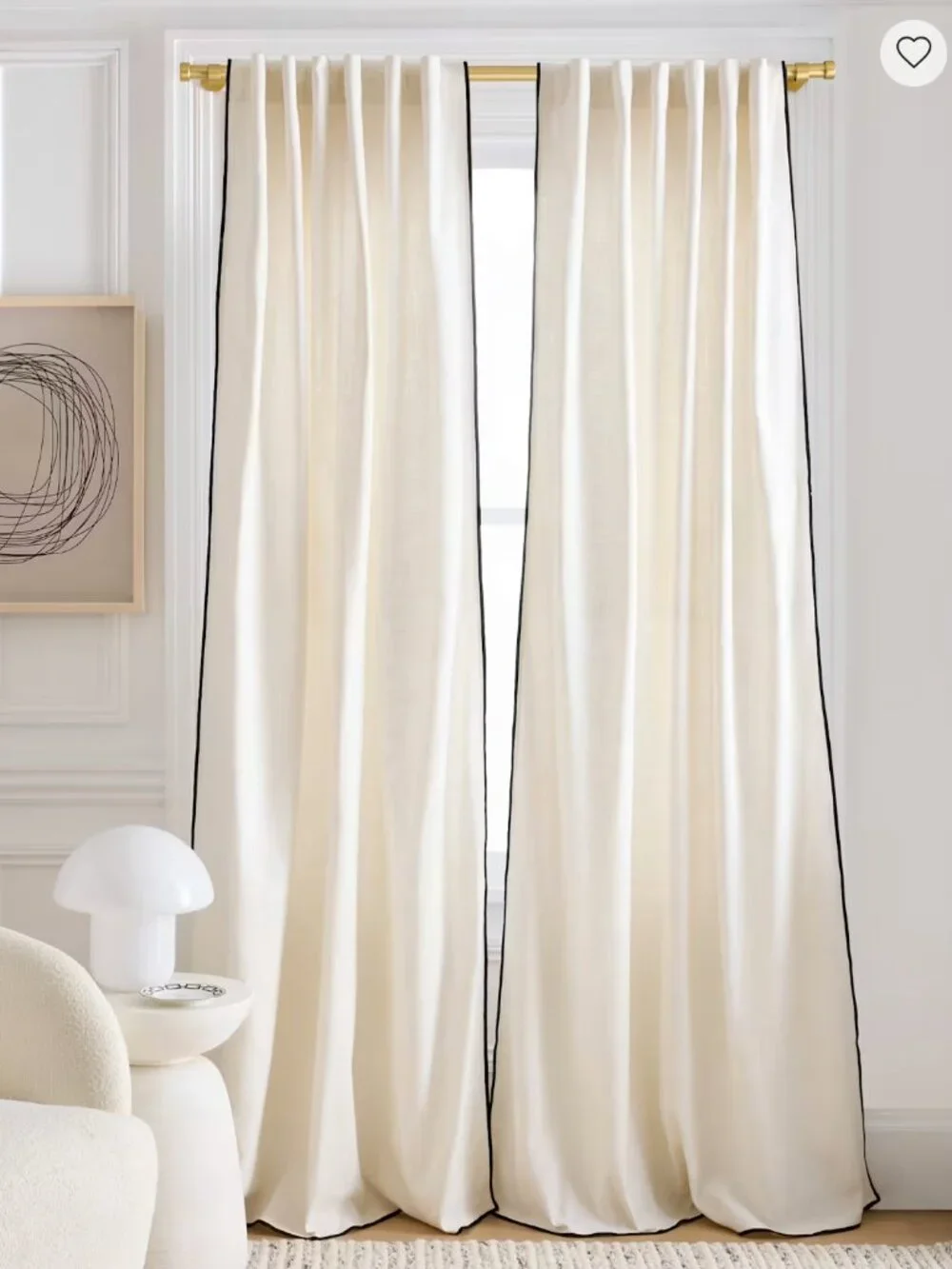 NWOT Piped Edge Cotton Cream and Black Curtain Panel - TWO PANELS 48